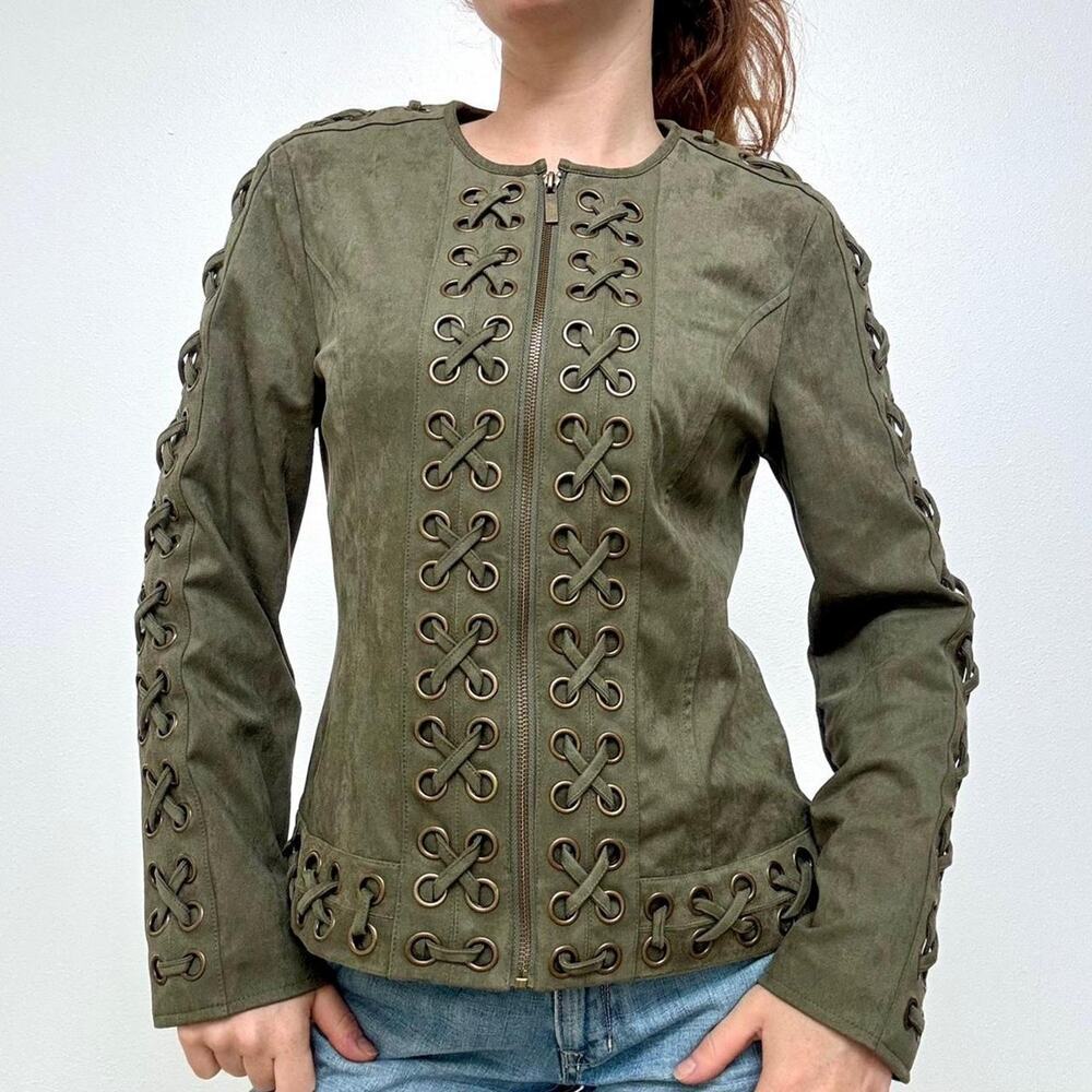Boston proper green faux suede zip up grommet jacket